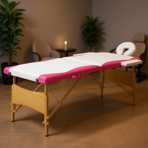 Mesa de masaje plegable de 2 zonas blanca y rosa con marco de madera y reposacabezas incorporado, mobiliario de salón - Product Image 2