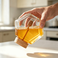 Pot à miel en verre moderne de 380 ml avec cuillère à miel en spirale en bois et couvercle
