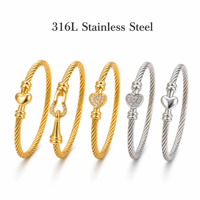 Bracelet en acier inoxydable 316L plaqué or 18K PVD, bracelet en forme de cœur pour femmes, bracelet en câble torsadé, hypoallergénique, sans nickel, bijoux