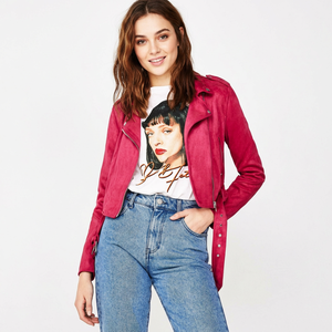 Bold Crimson Red <b>Suede</b> Style <b>Jacket</b> <b>Womens</b> Notched Collar Belted Waist Asymmetric Zipper Front Trend <b>Women</b> Custom <b>Jacket</b> - Product Image 1