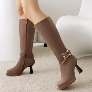 Woman Square Toe Long Booties Classic Suede 8.5cm Low Heels Women's Knee High Boots Metal Ornament Side Zipper <b>Shoes</b> - Product Image 2