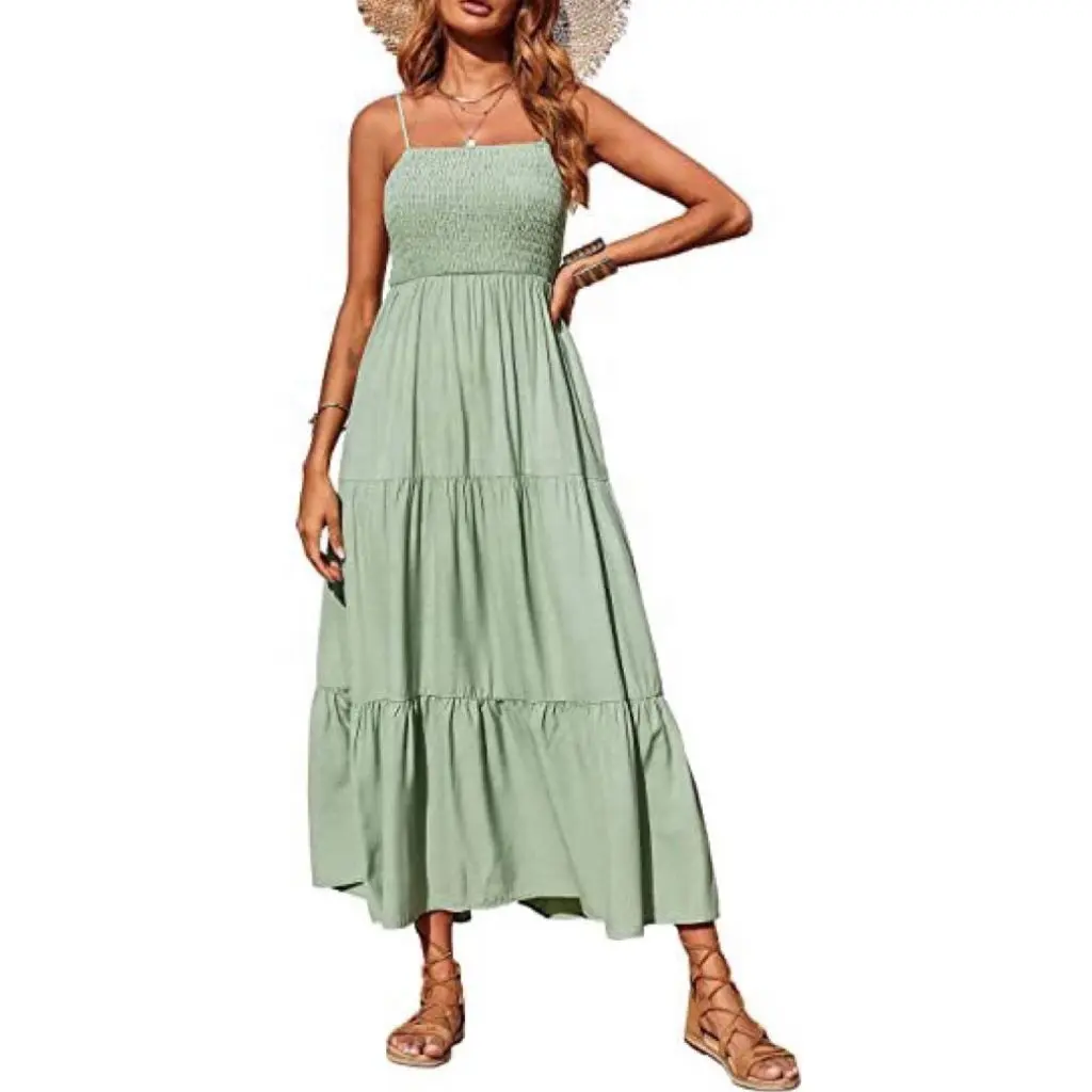 O324 Women Elegant Casual Loose fit Solid Color Maxi Dresses Lady Spaghetti Strap Long Dress