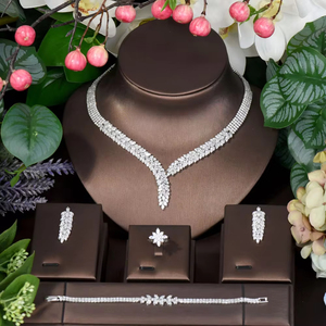HIBRIDE, conjunto de joyería de Boda nupcial <span class=keywords><strong>Popular</strong></span> de 4 piezas, accesorios de boda para mujer, conjunto de joyería de diseño de hoja, collar, pendiente, - Product Image 4