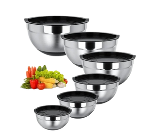 Nhà máy cung cấp nhà sử dụng thân thiện với môi trộn salad bát đặt thép không gỉ phục vụ bát với Silicone nắp dưới - Product Image 1