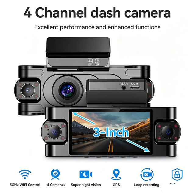 360 Degree 4-Channel 4K Car Camera LTE Live Streaming Dash Cam GPS WIFI DMS ADAS Safety System Ride-hailing Fleet Security