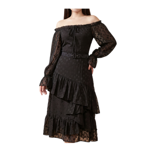 Robe longue en mousseline à pois pour femme, épaules dénudées, manches longues, à volants, coupe évasée, style décontracté, OEM ODM, vente en gros, style Ruzimay, été - Product Image 1