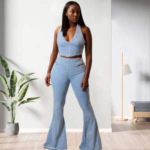 Conjunto de Dos Piezas de Jeans Anchos de Corte Recto con Diseño Halter para Mujer - Product Image 2