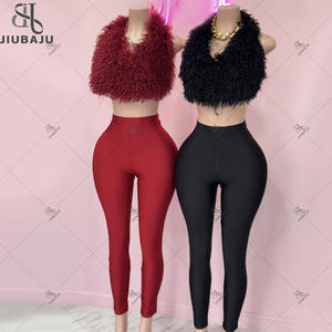 Sexy Mode <span class=keywords><strong>2</strong></span>-delige Set Dames Pluche Patchwork Halter Rugloos Hemdje Effen Skinny Broek Hottie Hipster Clubkleding - Product Image 3