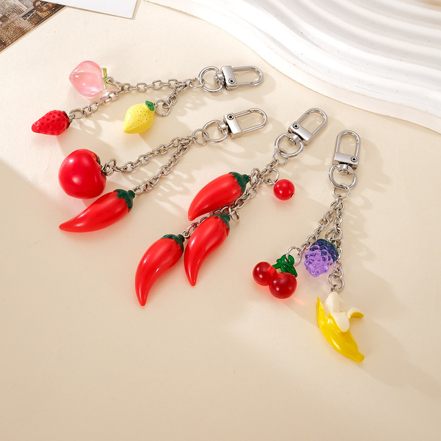 Cute 3D Simulation Fruit Vegetable Keychain Funny Food Toy Red Chili Y2K Keyring Phone Bag Charm Handbag Accessories for Girls