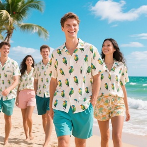Grosir kemeja berpori musim panas OEM kustom dicetak baru Hawaii pakaian pantai pria kasual kancing bawah celana pendek harian set - Product Image 2