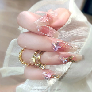 Faux ongles artificiels mignons et doux, faux ongles artificiels pour les doigts, <span class=keywords><strong>rouge</strong></span> et blanc, nœud fait à la main, ongles à presser pour l'été - Product Image 3
