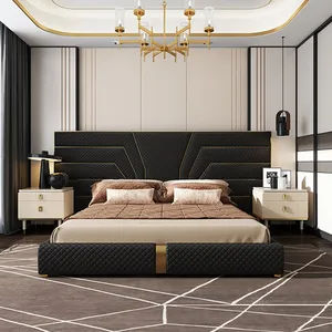 Mobiliário de quarto luxuoso leve para casa, conjunto de móveis king size, queen size, couro de grãos com bancada, em aço inoxidável