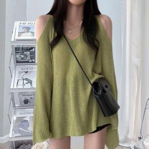 Otoño nuevo elegante suéter con cuello en V para mujer jersey de protección solar de color sólido suelto Casual fuera del hombro pulóver - Product Image 5