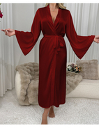 Bata Kimono Larga de Seda Helada para Mujer, Color Liso, Manga Acampanada, Cinturón, Frente Abierto, Ropa de Casa y Exterior