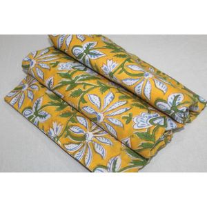 Indian Handmade Lightweight Sanganeri Block Yellow Print Fabric for Clothing <b>Quilt</b> Scarf Dress Curtain & Cover Materials - Product Image 1