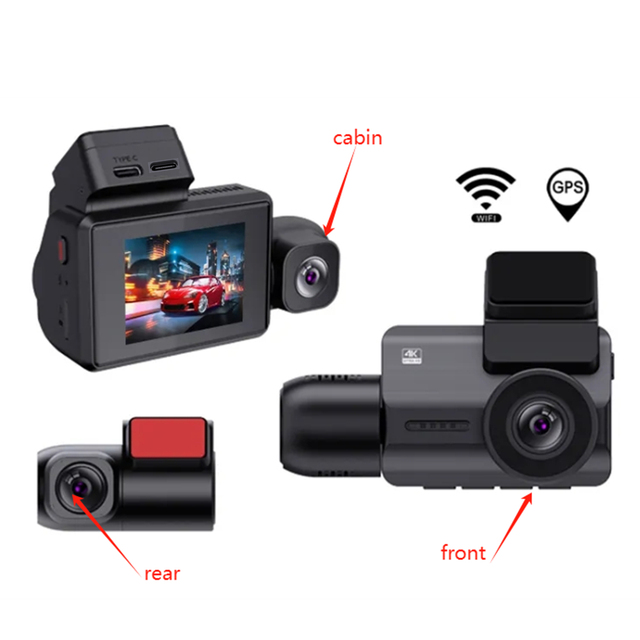 CPT Novatek 4K Car Starvis Dash Camera 2'' Screen 3 Cameras 4K+2K+1080P WiFi GPS HDR Parking Mode Time Lapse App Control 1 Year