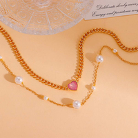 Collier élégant Collier moderne élégant Chaîne en or superposée Charme coeur rose avec fausses perles Collier simple personnalisable en vrac