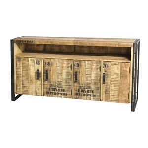 Aparador de gabinete con acabado natural y negro en madera maciza, 4 puertas, estante abierto, cajón de almacenamiento, muebles para el hogar de la India - Product Image 1