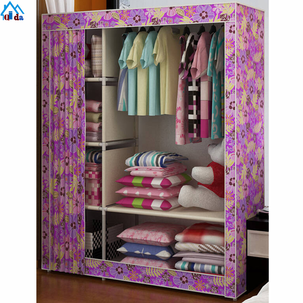 Pink Marko Double Canvas Wardrobe Steel Frame 1 Clothes Rail 4 Shelves