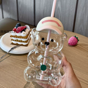 Vaso de cristal con diseño de oso y fresa para bebidas frías, nuevo, al por mayor - Product Image 3