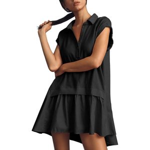 Robe courte d'été pour femmes, manches courtes, col en V, décontractée, surdimensionnée, patchwork, tissu respirant, tissé, pour tous les jours - Product Image 1