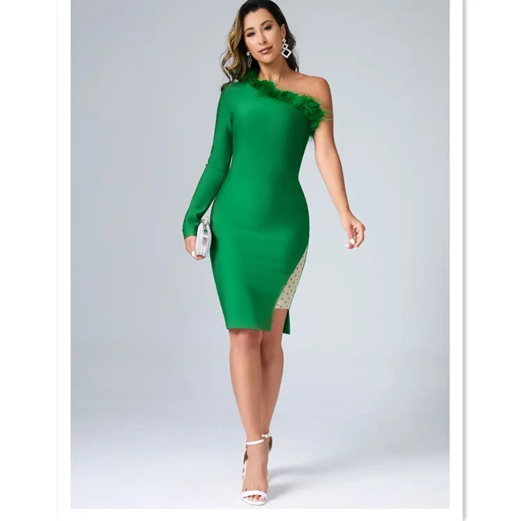 فستان نسائي للحفلات المسائية, فستان قصير بأكمام واحدة باللون الأخضر مناسب للحفلات الراقصة
