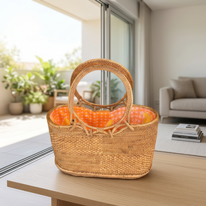 Large Lightweight Handmade Bohemian Tote Bag with Embroidery Solid Color <b>Orange</b> Lining All Seasons Style Open Top Bali Women's - Product Image 1