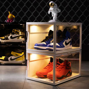 Wholesale Magnetic Door Shoe Case Storage Box Plastic LED Voice Activated Sensor Shoes Box with Lights