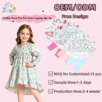 Ensemble de vêtements pour petites filles d'automne, 2 pièces, robe à manches longues à fleurs avec pompons et volants, leggings unis, OEM ODM en gros