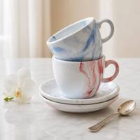 Ensemble de 3 tasses à thé et soucoupes en porcelaine à motif marbré vert, bleu, rose – Tasses à café colorées pour la maison, le thé de l'après-midi, cadeau de table