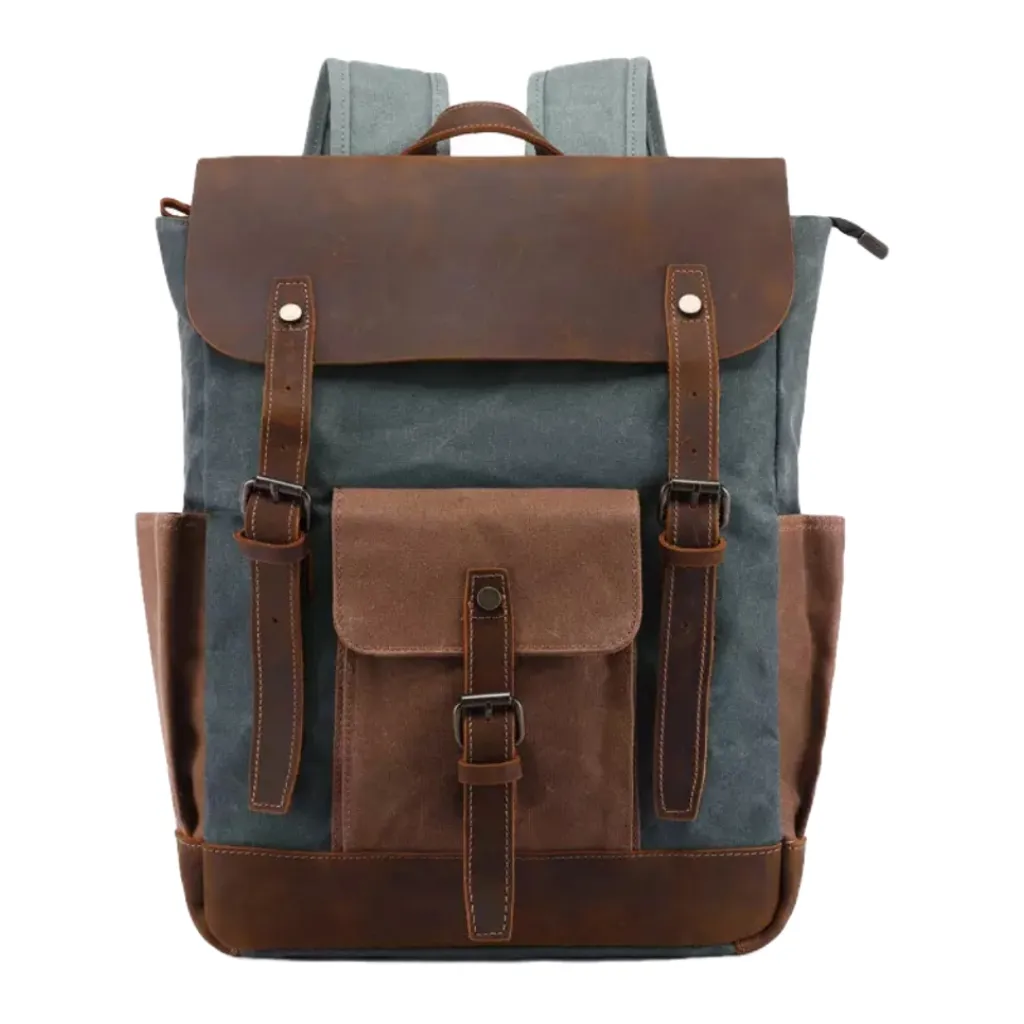 Vintage designer waxed canvas backpack genuine crazy horse leather trim water proof camping rucksack back pack backpack