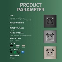 Prise murale USB française 2P+T à vente chaude avec double port de charge USB, DC 5V 2.1A, aluminium brossé, métal, cadre de plaque murale 86*86
