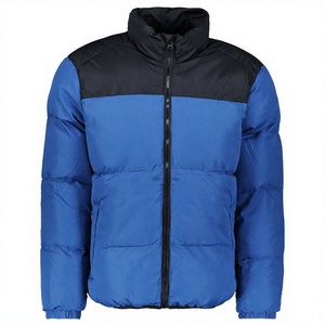 <b>Men's</b> Blue Color Blocking Puffer Jacket <b>Hooded</b> Zipper Closure Waterproof Reversible Windproof Thick Winter <b>Coat</b> Casual Polyester - Product Image 1