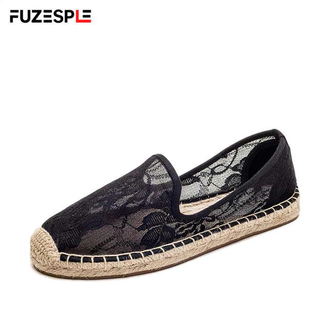 Female Breathable Fashion Casual Sheer Lace Espadrilles Lightweight Jute Sole Loafers Non Slip Summer Shoes for Women