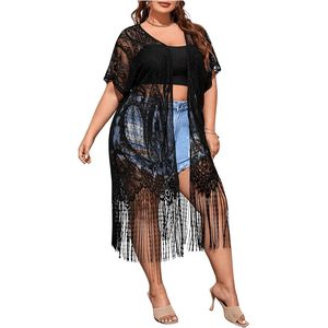 Kimono Cardigan Femme Grande Taille Personnalisé en Dentelle Transparente à Franges, Manches Courtes, Col Carré, Coupe Ample, Ouvert sur le Devant - Product Image 2