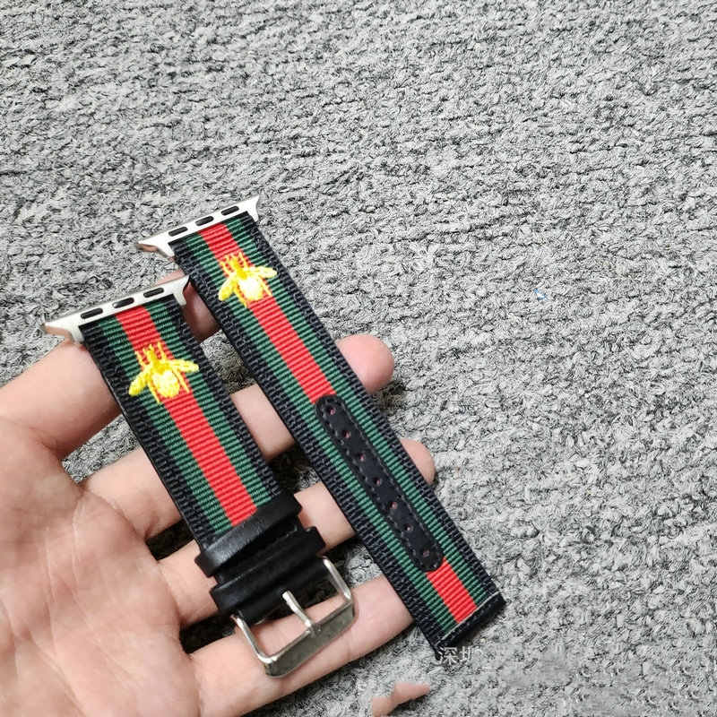 Luxury Designer Strap for Iwatch with Bee Red and Green Stripes Luxury Fashion Iwatch Nylon Strap Canvas S8S7