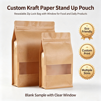 Sachet en papier kraft imprimé sur mesure, refermable avec fermeture éclair, fond plat et fenêtre transparente pour l'emballage de nourriture et de snacks