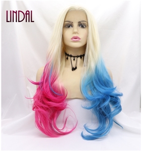 <span class=keywords><strong>Peluca</strong></span> Sintética LINDAL de Fibra de Alta Temperatura, Colores Mezclados de Rosa a Azul, Estilo <span class=keywords><strong>Harley</strong></span> <span class=keywords><strong>Quinn</strong></span>, Ondas Naturales, Todos los Colores, con Frente de Encaje - Product Image 1