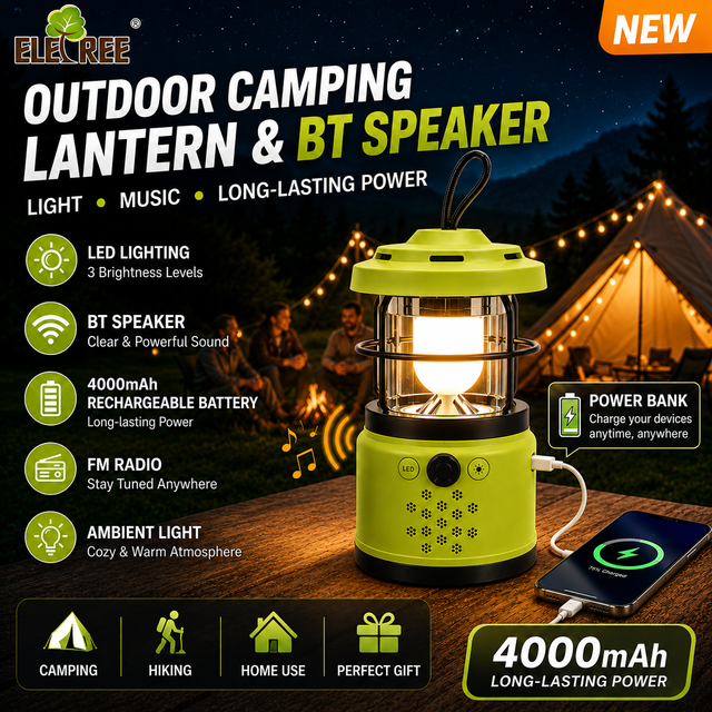 ELETREE Multifunctional 4000mAh Power Bank Camping Lantern USB Rechargeable BT Speaker for Camping Hiking Outdoor Gift