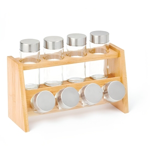 Étagère à épices moderne multifonctionnelle à 2 niveaux en bambou et bois, support de rangement pour comptoir de cuisine, 8 bocaux en verre hermétiques - Product Image 5