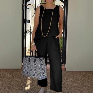 Conjunto de Dos Piezas para <span class=keywords><strong>Mujer</strong></span>, <span class=keywords><strong>Verano</strong></span>, Nuevo, Algodón y Lino, Top sin Mangas, <span class=keywords><strong>Pantalones</strong></span> Anchos Cortos - Product Image 1