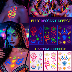 Tatouages temporaires fluorescents Boho Soleil Lune Serpent Oeil <span class=keywords><strong>mal</strong></span>éfique qui brillent dans le noir pour femmes - Product Image 3