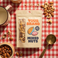 Sachet Doypack Personnalisé avec Logo, Fenêtre, Qualité Alimentaire, Mat, Scellé sur Trois Côtés, en PET/PE, pour Emballage de Noix Mélangées, Fruits Secs et Snacks – Vente en Gros