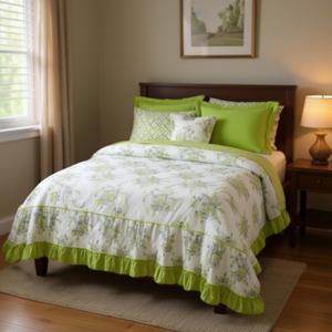 Juego de Edredón Belora de Algodón con Estampado Floral y Borde con Volantes, Tamaño Matrimonial, 3 Piezas, Ropa de Cama para el Hogar - Product Image 2