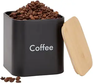 3 peça Açúcar Chá Café Recipientes Set Preto Aço Inoxidável Jar Vasilhas com Tampa De Bambu