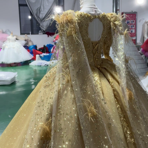 Robe de bal exclusive XS252 en plumes dorées, robe de soirée à paillettes - Product Image 6