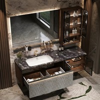Kabinet Vanity Kamar Mandi Mewah dengan Cermin LED, Unit Vanity Gantung Dinding, Furnitur Kamar Mandi Modern untuk Rumah