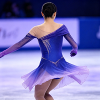 Robe de patinage artistique à manches longues et épaules dénudées, dégradé bleu-violet avec strass, en tissu mesh pour compétitions sur glace adultes et enfants