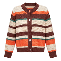 Vintage Boho Gestreifter Strick-Cardigan für Damen Braun Rosa Flauschiger Federbesatz Rundhalsausschnitt Knopfleiste Vorne Langarm Viskose/Nylon Frühling