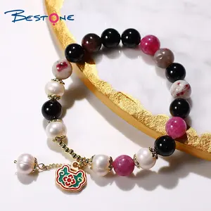 Bestone Healing Natural Stone Tourmaline and Fresh Water Pearl Bracelet with Enamel Auspicious Clouds Charm